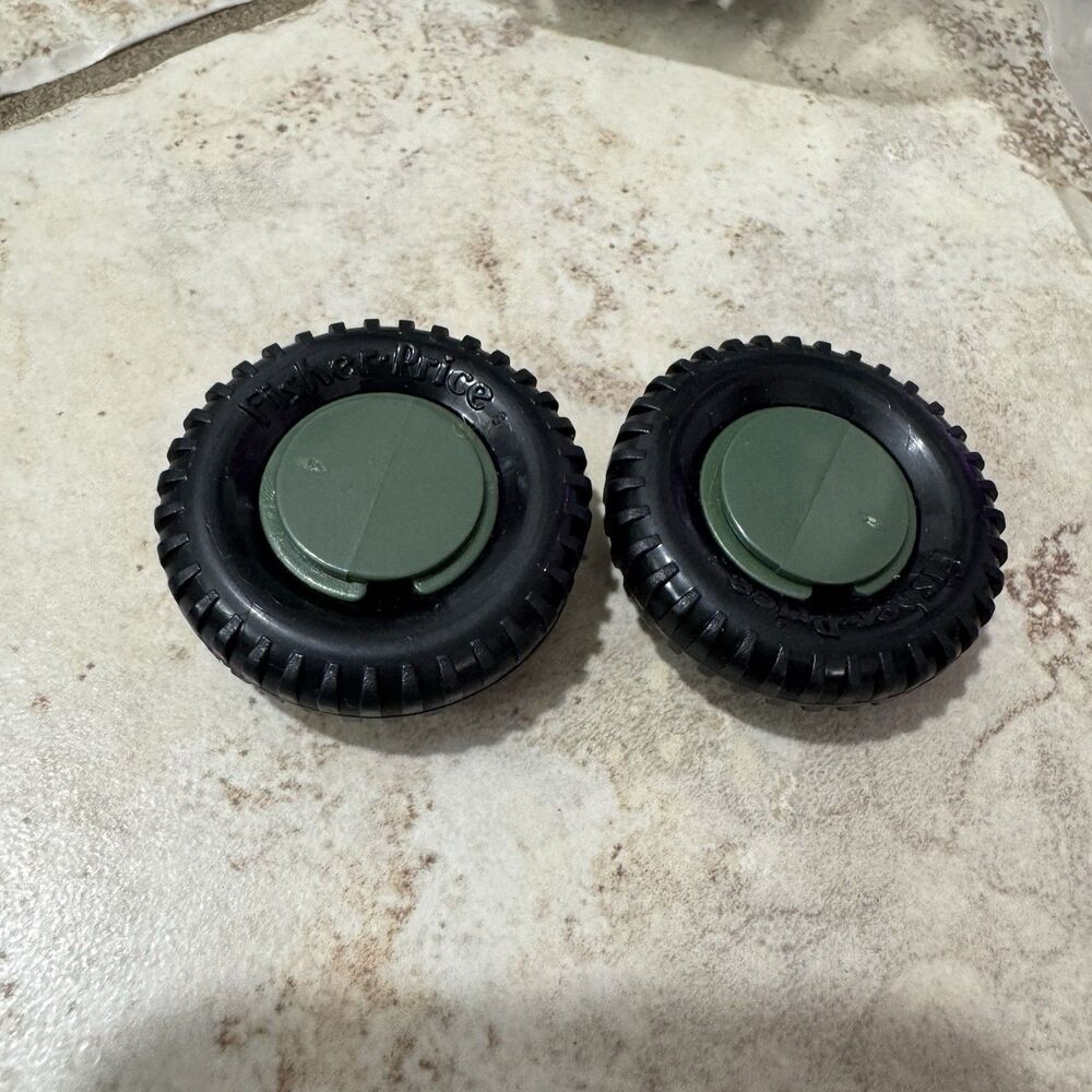 Vintage Fisher Price Construx Lot Of 2 Black And Green Complete Tires And Wheels
